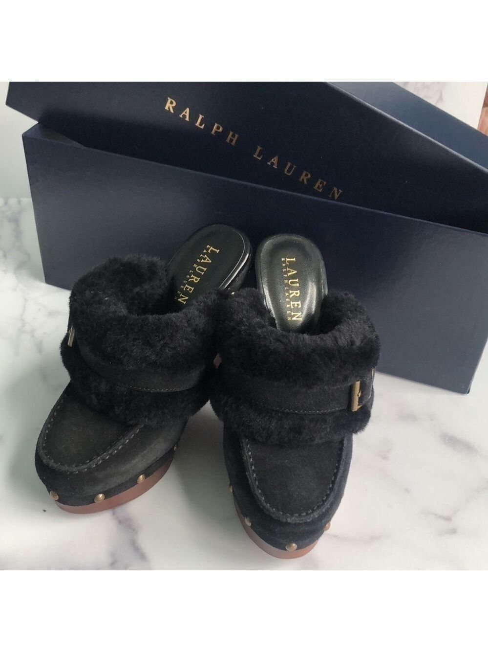Lauren Ralph Lauren Black Suede And Natural Shearling Clogs Studded Platform 6
